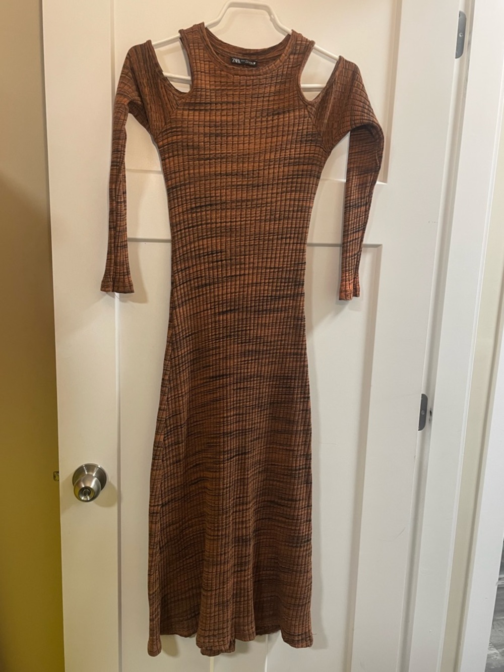 ZARA Brown Ribbed Cold-Shoulder Maxi Dress